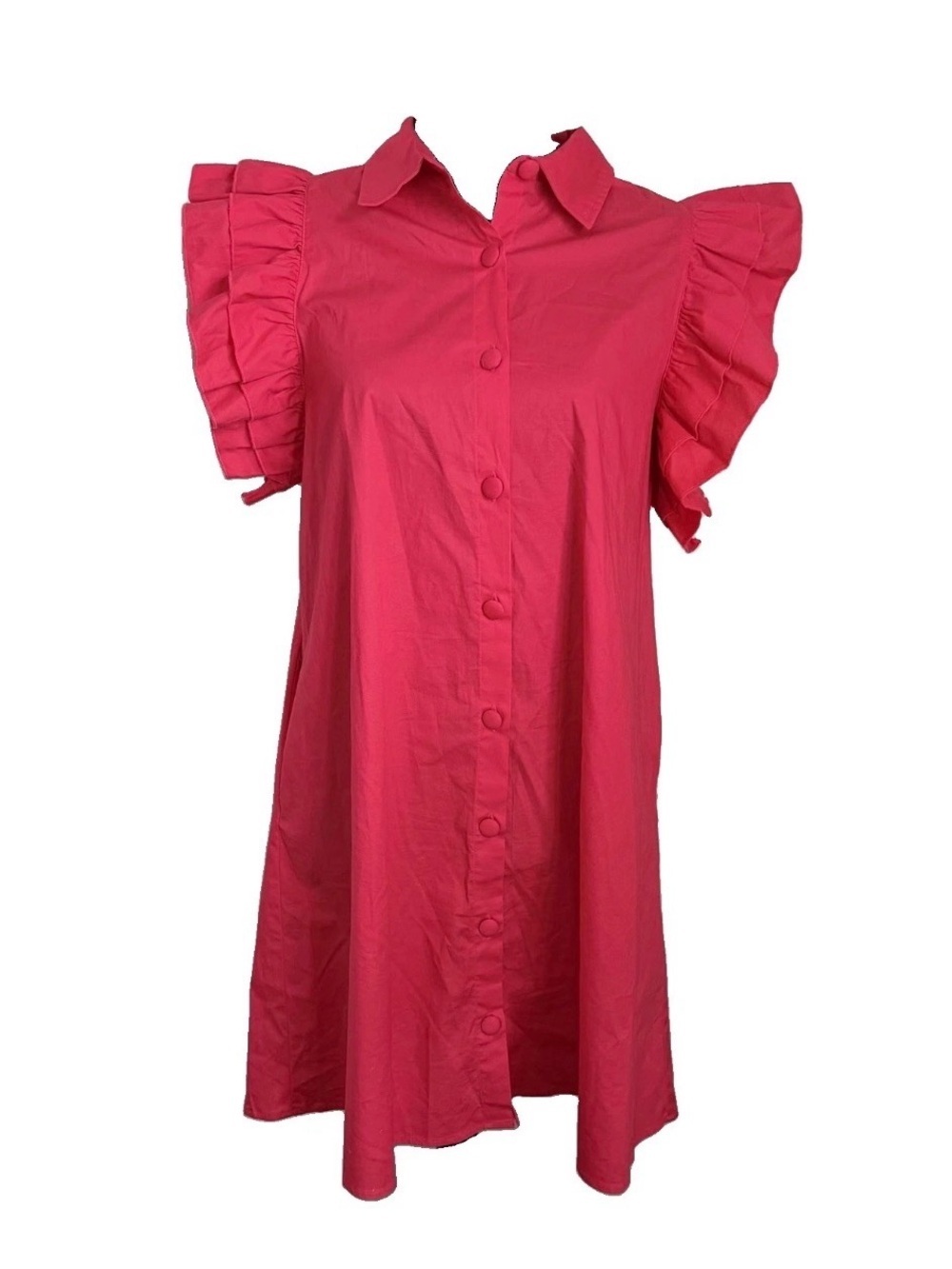 Crown & Ivy Shirt Dress Womens S Pink Ruffle Flutter Sleeve Short Button Front
